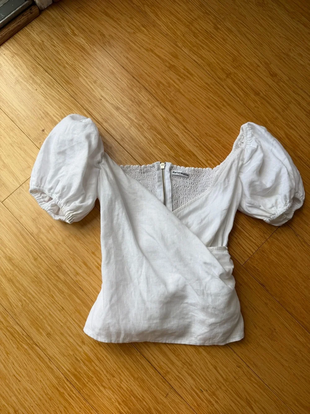 Reformation Framboise White Linen Puff Sleeve Top Size 4